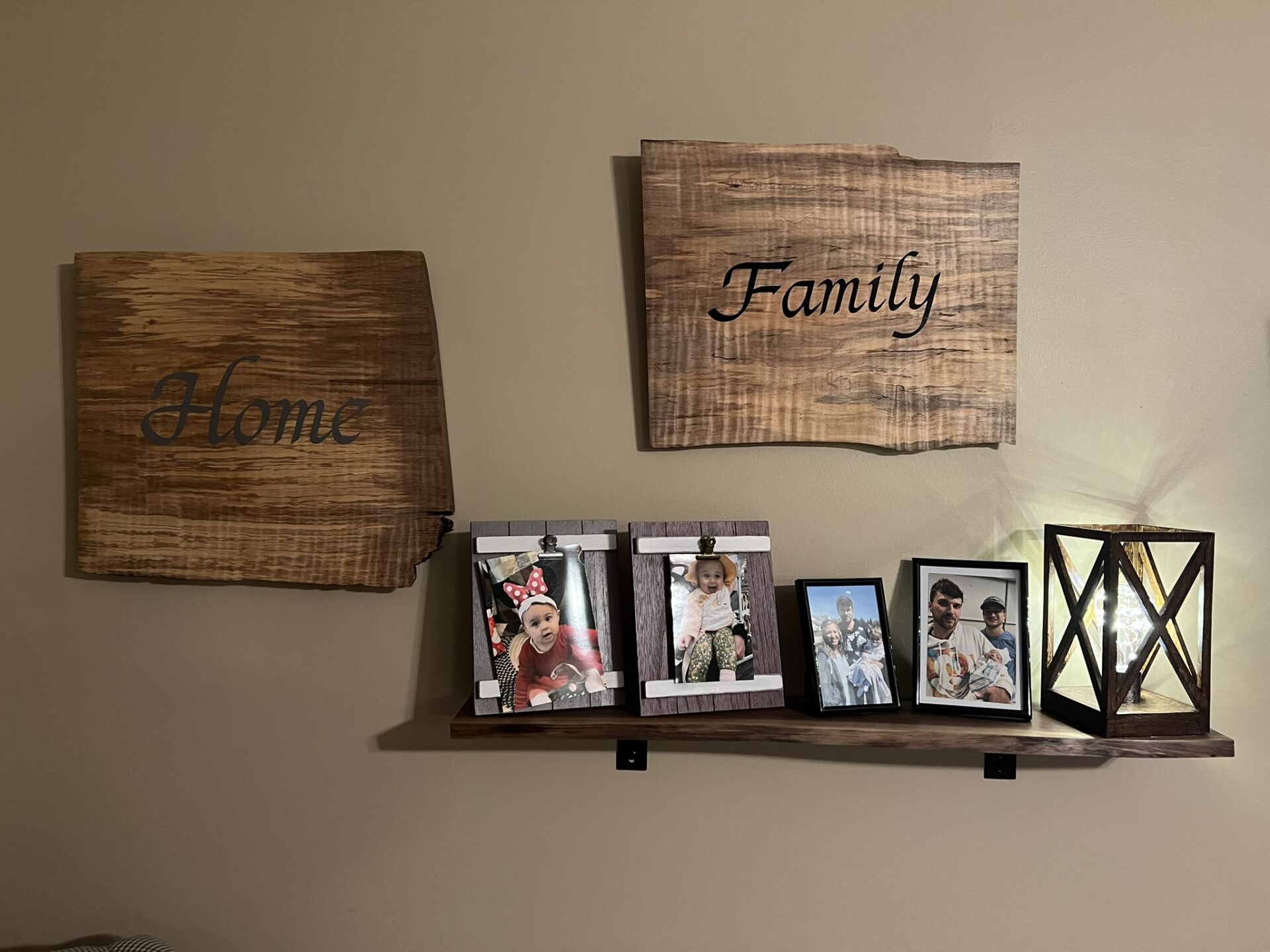 Home & Family Plaque and Live Edge Walnut Shelf